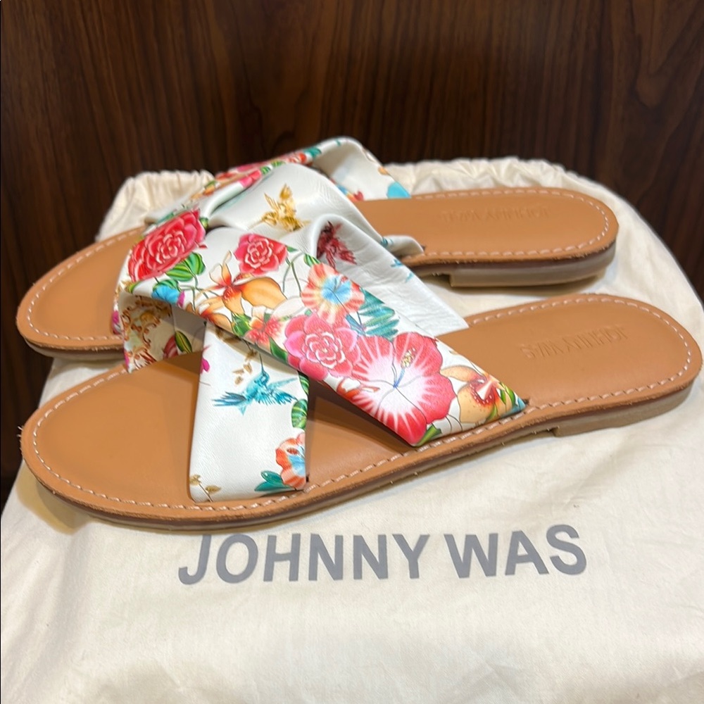 Johnny Was Leather Vibrant Floral Slide Sandals